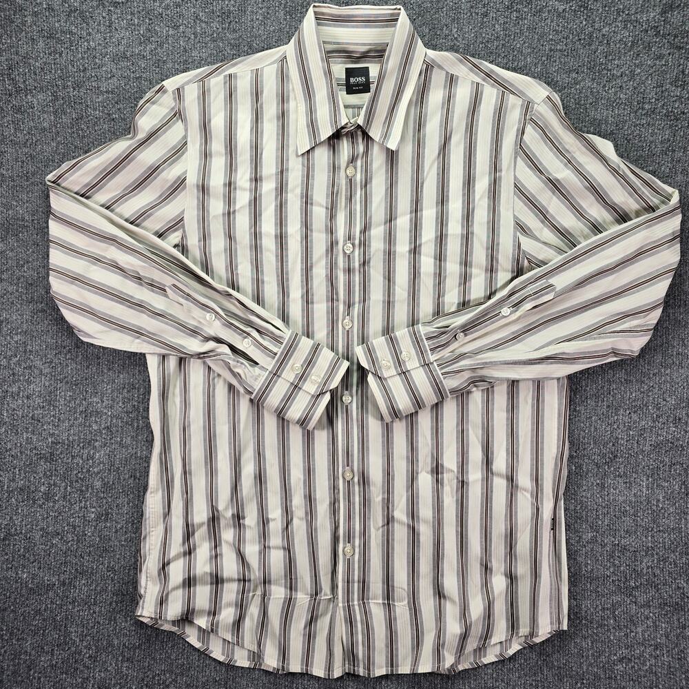 Hugo Boss Shirt Mens Large Slim Fit Multicolor Striped Button Down Long Sleeve